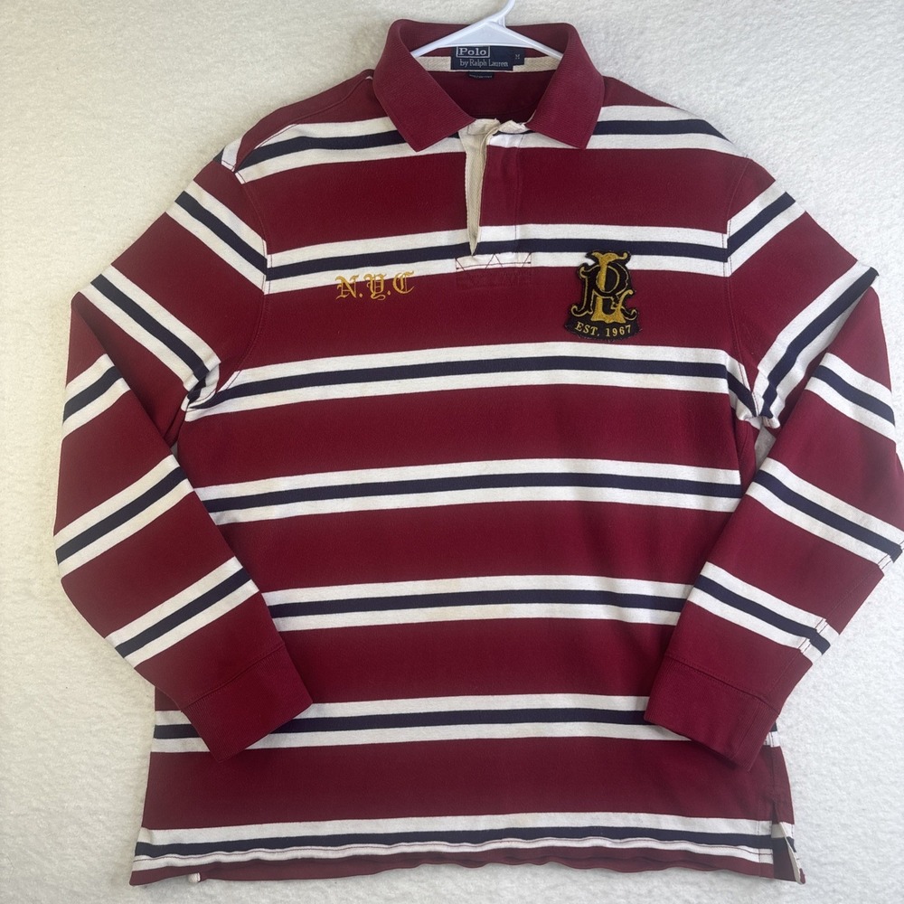 Polo Ralph Lauren Rugby Polo Striped NYC Crest #7 Patch M Vtg Rare Red White - Picture 1 of 12